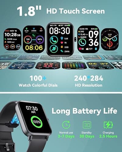 Smart Watches for Women/Men, Smart Watch for Android Phones and iPhone Compatible, Alexa Built-in, 1.8" Fitness Watches for Women, IP68 Waterproof /Bluetooth Call, Heart Rate/Sleep Monitor, Black thumbnail 7