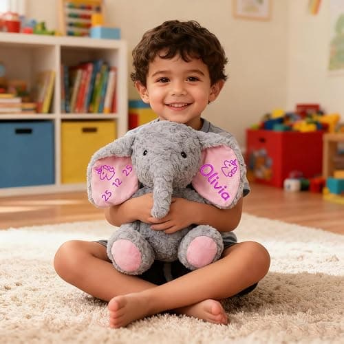 BeneCharm Personalized Elephant Plush Stuffed Animal with Embroideried Name Custom Toddler Stuffed Elephants Doll Kids Plush Toys Personalized Baby Girls Boys Newborn Birthday (Elephant) thumbnail 2
