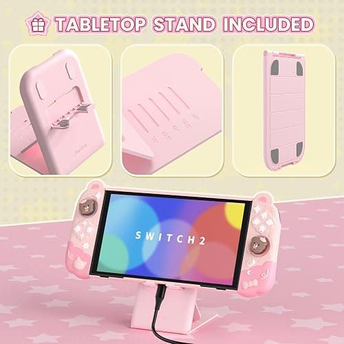 PlayVital Good Night Bear Dockable Case for Nintendo Switch 2 with Stand | Split Design Silicone Joycon Grips, PC Console Hard Shell, 2 Joystick Caps | Cute Protective Cover Bundle – Pink thumbnail 7