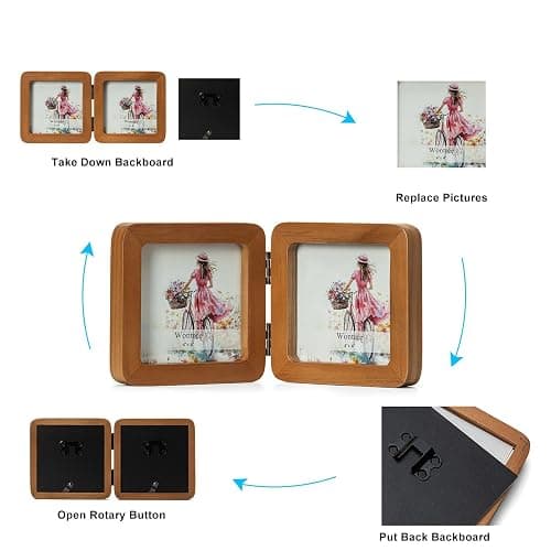 Wontree 4x4 Square Double Vertical Horizontal Hinged Foldable Combo Rounded Corner Picture Frame, Walnut-Colored Pine Wood with Real Glass, Free-Standing Desk Tabletop or Wall Hanging thumbnail 8