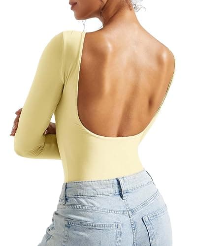 SUUKSESS Women Backless Y2k Long Sleeve Bodysuit Double Lined Open Back Sexy Basic Top - Image 1