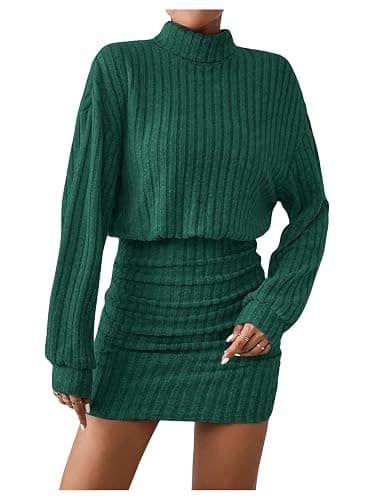 GORGLITTER Damen Pulloverkleid Stehkragen Freizeitkleid Rippstrick Winterkleid Kurzes Figurbetontes Kleid - M - Dunkelgrün thumbnail 3