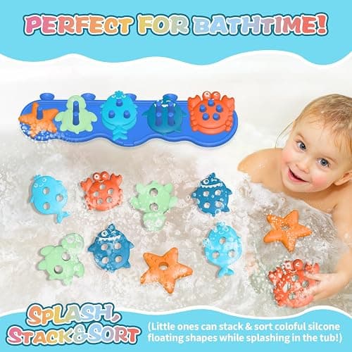 Silicone Baby Bath Toys – Stackable, Shape-Sorting Floating Set with 10 Mold-Free Textured Pieces, No-Hole Design – Early Learning Bathtub Toys for Toddlers and Kids thumbnail 2