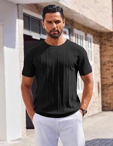 COOFANDY Men's T- Shirts Short Sleeve Knit Sweater Shirt Casual Crewneck Ribbed Pullover Tees thumbnail 2