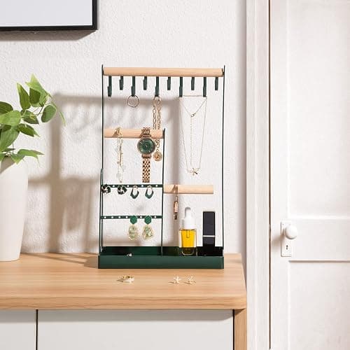 ProCase Jewelry Stand Holder Organizer, 4-Tier Necklace Holder with Ring Tray, 10 Hooks Necklaces Hanging Small Jewelry Display Storage Tower Tree for Bracelets Earrings Watches -Medium, Green thumbnail 5