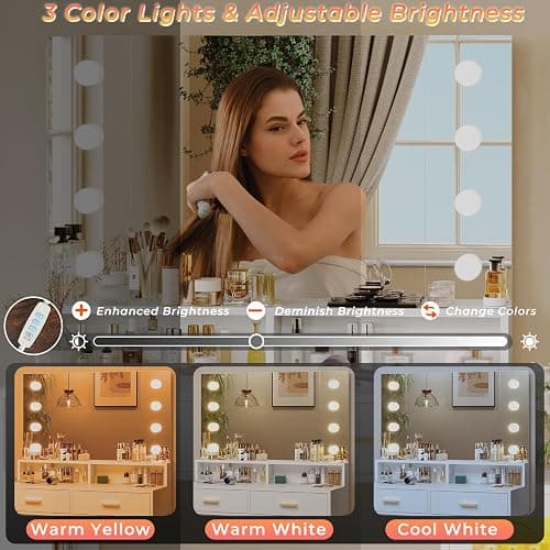 VIAGDO Makeup Vanity Desk with 3-Colors Lighted Mirror, White Vanity Table with Charging Station, 5 Drawers Makeup Desk Dressing Table with Storage Shelves for Bedroom Dressing Room thumbnail 5