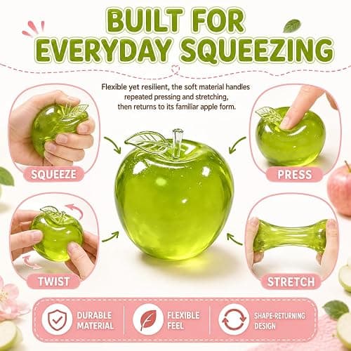 Apple Squishy Stress Ball Squishy Toys , Soft TPR Sensory Squeeze Toy for Stress Relief, Mouldable Fidget Toy for Home, Office & Daily Relaxation Fidget Toys, Pink & Green 2 Pack thumbnail 4