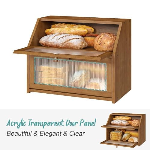 Vriccc Bread Box for Kitchen Counter, Large Bamboo Wood Double Layer Bread Box, Wooden Bread Storage Capacity thumbnail 6