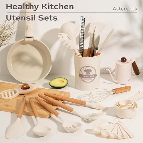 Astercook Kitchen Utensils set, 39 PCS Silicone Cooking Utensils Set with Wooden Handle, 446°F Heat Resistant Food Grade Utensil Sets, BPA Free Kitchen Gadgets Tools Set for Nonstick Cookware (Cream) thumbnail 3