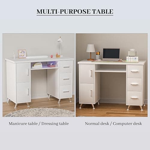 White Nail Desk for Nail Tech,Acetone-Resistant Manicure Table Nail Tech Desk with Drawers Nail Tech Table Station Storage Cabinet, Open Drawer, Wrist Pad, Metal Legs, for Beauty, Salon, Spa Makeup thumbnail 7