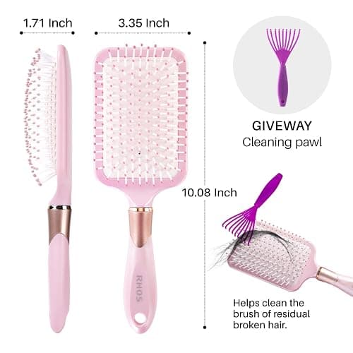 RHOS Paddle Brush for Women & Men - Detangler for Thick, Curly, Long, Wet & Dry Hair - Nylon Bristles Square Cushion Brush for Smoothing and Detangling (1 Pack - Pink) thumbnail 7