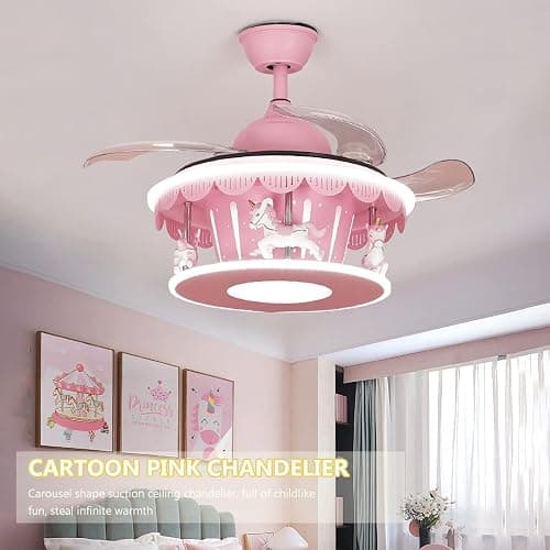PSXPSXO Cartoon Pink Ceiling Fan with Lights Kids LED Ceiling Lamp Creative Carousel with Invisible Blades Close to Ceiling Lighting for Living Room Bedroom thumbnail 8