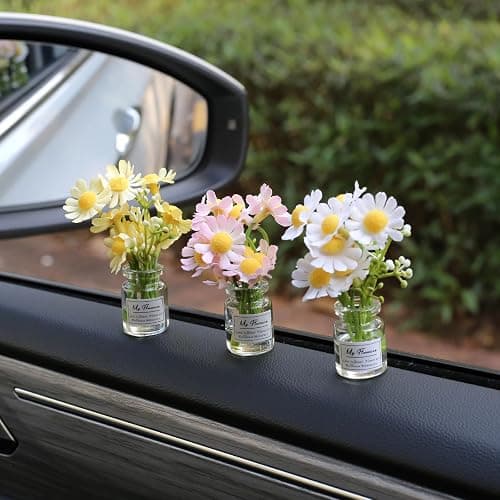 Kiofs Daisy Flower Car Accessories for Women Interior Aesthetic, 3 Pcs Daisy Cute Car Dashboard Decorations thumbnail 6