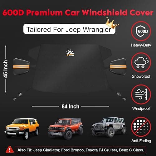 Zettum Car Windshield Snow Cover for Jeep Wrangler - 600D Car Windshield Snow Ice Cover Front Window Covers for Jeep Wrangler, Jeeps Gladiator, Ford Bronco, Toyota FJ Cruiser, Benz G Class, and More thumbnail 2