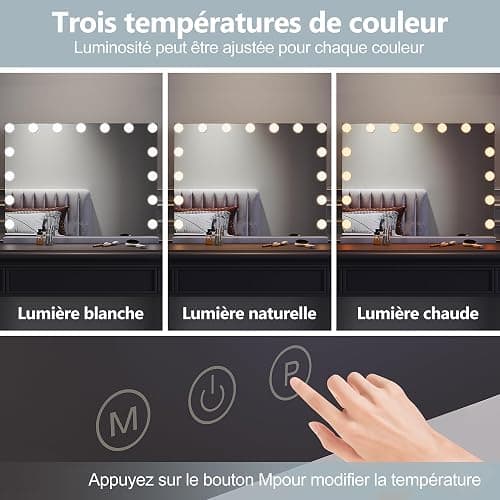 SIRHONA Miroir Maquillage Lumineux, Miroir Coiffeuse LED 15 Lumières Dimmables, Éclairage 3 Couleurs, Contrôle Tactile, 58x45.5x12 cm thumbnail 4