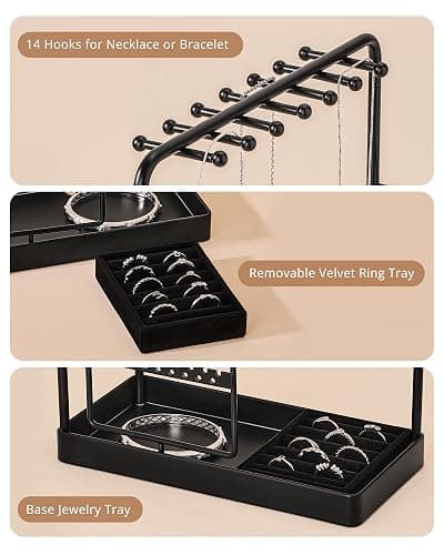 ProCase Jewelry Stand Holder Organizer, Jewelry Display Storage with Ring Tray, No-Assembly Needed, Rotating Earring Bracelet Necklace Holder, Christmas Gifts Room Dorm Decor for Teen Girls -Black thumbnail 7