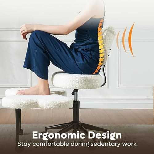 Pinmoco Ergonomic Cross Legged Chair, 360° Swivel Meditation Chair with Wheels, Height Adjustable Seat for ADHD, Strong Lumbar Support, Chic Home Office Furniture, Teddy Fabric, Off White thumbnail 7