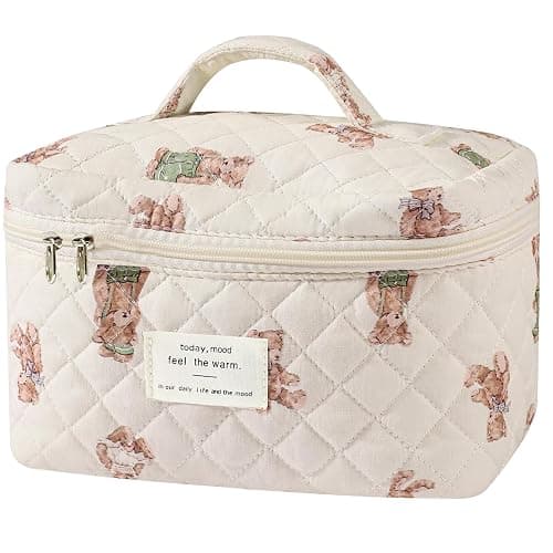 Large Makeup Bag, Cute Cosmetic Bag for Women Girls, Floral Coquette Aesthetic Toiletry Bag, Travel Make Up Organizer Bag (White-Bear) - Image 1