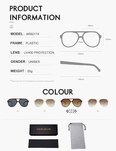 HERJOUR Retro Trendy Square Aviator Sunglasses Womens Mens 70s Classic Vintage Oversized Sun Glasses AR82174 thumbnail 4