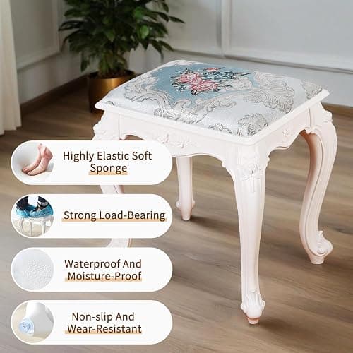 DJHVJS 17 in Vanity Stool, Modern Elegant Makeup Chair with Embroidered Concave Seat Surface, Lightweight PVC Vanity Chair, Capacity 300lb, Assembles in Minutes(White, 5.7lb) thumbnail 3