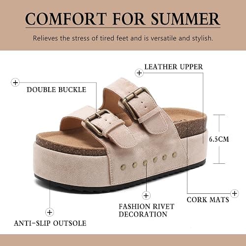 BiuYorBTY Women's Platform Clogs Sandals Cork Footbed with Comfort Double Buckles, Summer Platform Slides Mules, Summer Beach Comfort Wide Widths Availab thumbnail 5