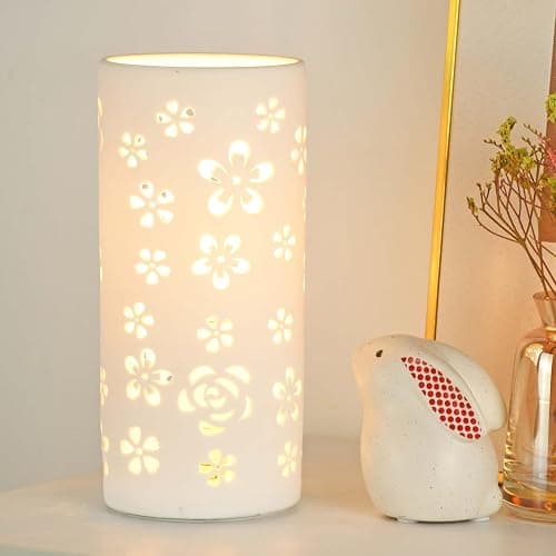 Lampwell Dana White Modern Ceramic Flower Carving Table Lamp for Living Room & Bedroom,Kids Night Ceramic Table Lamp,Φ3.54×H7.87IN,Bulb Excluded thumbnail 4
