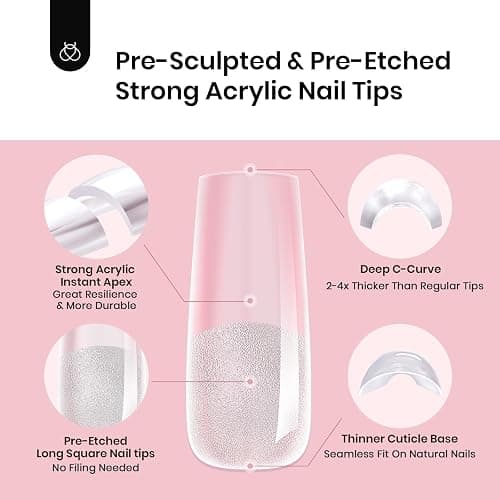 Beetles Tipex Instant Apex Nail Tips,Square Long Pre-building & Pre-Etched Thicker Acrylic Nails Strong Full Cover False Nail Extension Press-on Nails,192 Pcs 16 Sizes thumbnail 5