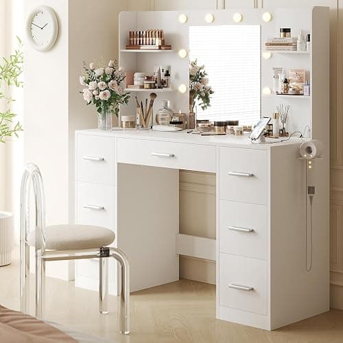 YESHOMY Vanity Desk with Mirror, Power Outlet and 10 Lights, Makeup Table with 7 Drawers, 3 Color Modes Available for Bedroom, White - Image 1