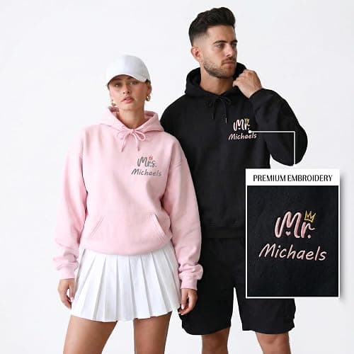 Custom MR MRS Embroidered Hoodie - Couple Matching with Name for Anniversary Wedding Engagement Christmas thumbnail 3