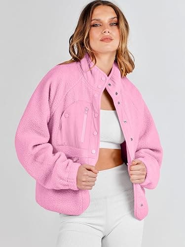 ANRABESS Womens Fuzzy Fleece Jacket Fall Casual Long Sleeve Cropped Sherpa Button Down Shacket Coats Outwear With Pockets thumbnail 2