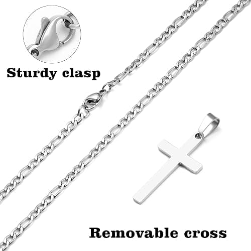 LUXEJEW Cross Necklace for Men - Silver/Gold/Black Stainless Steel Cross Pendant Necklace Figaro Link Chain 16-24 Inches thumbnail 7