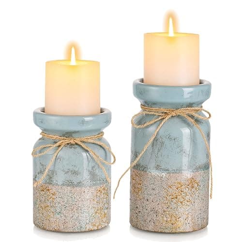 Romadedi Beach Pillar Candle Holder - Terracotta Distressed Blue Teal Ocean Theme Decor Drift Bottle Design Nautical Rustic Farmhouse Gift for Coastal Home Bathroom - Image 1