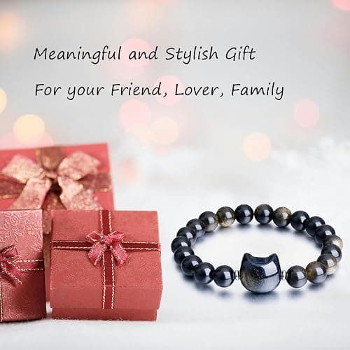 Beaded Bracelets for Women, Black Obsidian Money Attraction Bracelet, 8mm Healing Relax Anxiety Luck Crystal Bead Bracelets, Adjustable Jewelry Feng Shui Stretch Bracelet Cat Lover Gifts for Women Men thumbnail 7