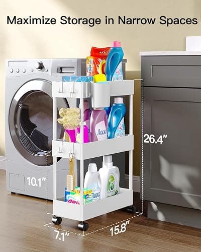 Pipishell Slim Storage Cart with Wheels, Bathroom Cart Organizer Storage Small, Rolling Carts for Bathroom, Laundry Room, Kitchen, Narrow Space, White PIUC04W thumbnail 2
