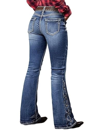 Flamingals Women's Buttoned Hem Bootcut Jeans Without Belt Mid Waist Casual Pants Navy Blue - Image 1