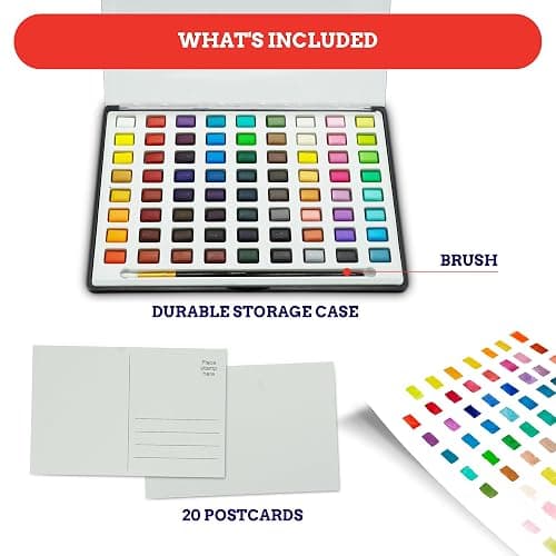 Mikkelhus Professional Watercolor Paint Set – 72 Colors, 20 Blank Postcards, Water Brush, Paintbrush & Sponge – For Kids and Adults thumbnail 3