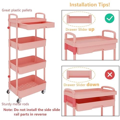 Calmootey 4-Tier Rolling Utility Cart with Drawer,Multifunctional Storage Organizer with Plastic Shelf & Metal Wheel,Storage Cart for Kitchen,Bathroom,Living Room,Office,Pink thumbnail 6