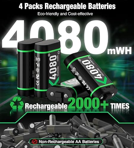 Upgraded Fast Charging Rechargeable Battery Packs with Light Control, 4x4080mWh Xbox Controller Batteries with Charger Dock for Xbox Series X|S, One S/X/Elite Controllers,Cases and Storage Sets thumbnail 5