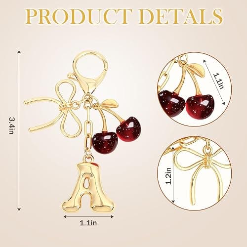 Snycler Bubble Initial Keychain with Bow & Cherry - Gold Letter Bag Charms for Women, Cute Purse Handbag Accessories thumbnail 2