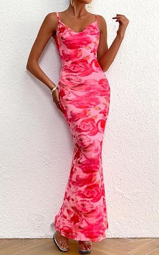 PRETTYGARDEN Women's 2026 Spring Floral Spaghetti Strap Maxi Dress Stretch Sexy Bodycon Dress Backless Slip Long Dresses thumbnail 3