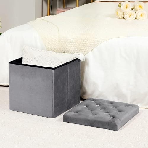 B FSOBEIIALEO Storage Ottoman Cube, Velvet Tufted Folding Ottomans with Lid, Footstool Rest Padded Seat for Bedroom (Grey, Medium) thumbnail 2