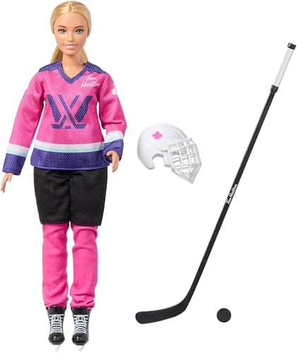 ​Barbie Tim Hortons PWHL 2025 Fashion Doll in Pink, Purple, & Teal Hockey Jersey, Includes Hockey Stick, Puck, and Helmet - Image 1