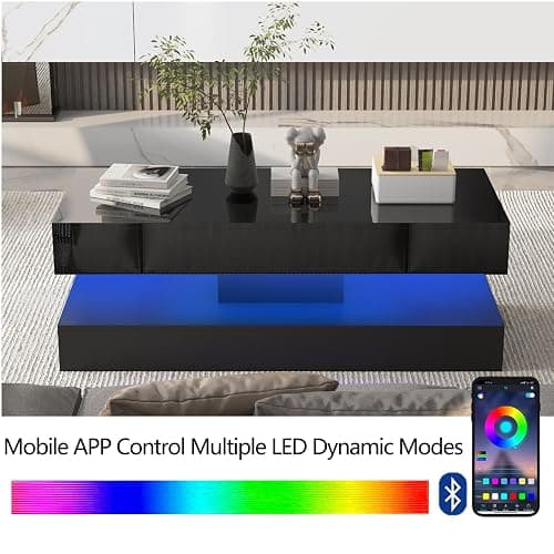 Uspeedy 47.3in Large High Glossy LED Coffee Table with 2 Storage Drawers,Black/White Modern Coffee Tables for Living Room,Living Room Tables,APP LED Lights (Black) thumbnail 7