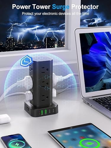 6FT Power Strip Tower Surge Protector, 12 Wide Spaced Outlets, 4 USB | 16-in-1 Desktop Charging Station with 2USB-C,2USB-A, Flat Plug, 6FT Cord, 1800J Surge Protection for Home Office, Dorm Black thumbnail 5