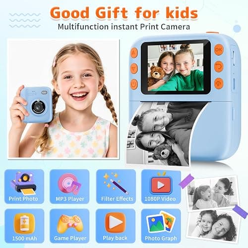 Instant Print Camera for Kids, Christmas Birthday Gifts for Girls Boys, 1080P Instant Digital Print Cameras for Toddler,Portable Toy for 4 5 6 7 8 9 10 Year Old Girl with 32GB SD Card，Light Blue thumbnail 2