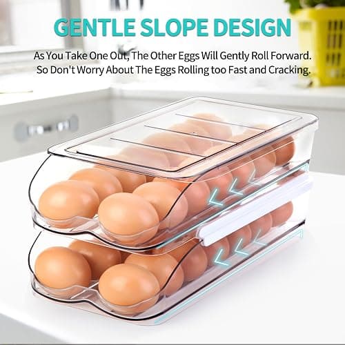 RoskDeewat Egg Holder for Fridge, Automatic Rolling Egg Container for Refrigerator, Stackable Fridge Organizers and Storage with Lid, Clear Plastic Egg Dispenser & Tray (2 Tier) thumbnail 3