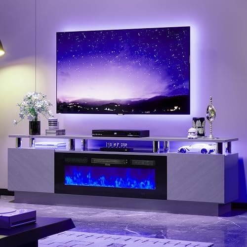 OneBlis 70" TV Stand for Living Room, Entertainment Center with Storage Cabinet, Fits TVs up to 80", Modern Media Console with Shelves, 36" Electric Fireplace (Grey+Black) thumbnail 3