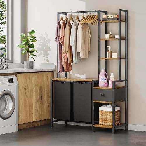 Creso hom Laundry Hamper with Shelf, 5 Tiers Tall Laundry Basket Sorter with 2 Pull-Out and Removable Bags, Clothes Rack with Laundry Sorter for Laundry Room Bathroom Bedroom, Rustic Brown thumbnail 2