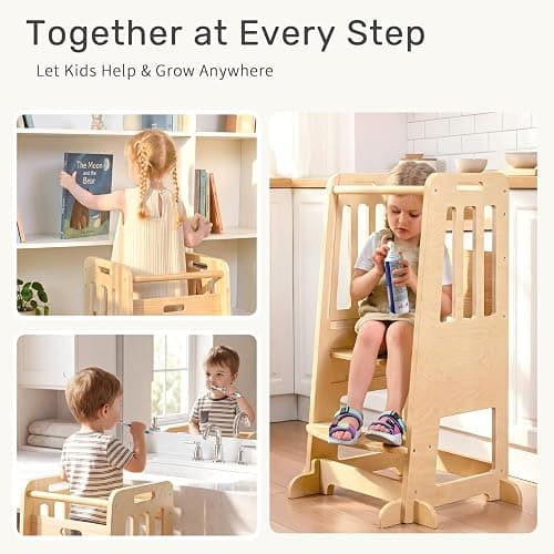 WINGYZ Toddler Tower - Anti-Tip Natural Wood Learning Stool for Kids 18M-6Y, 150lb Capacity Kitchen Helper Stool with 3-Height Adjustable Platform and Sliding Door Access, 20lb Portable Design, Wood thumbnail 7