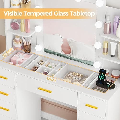 BEWISHOME Large Vanity Desk with Mirror and Lights,Glass Top,9 Drawers | White Makeup Vanity Table with 4 Storage Shelves,Dressing Table with Power Outlet,Vanity Stool for Women,Girls,Bedroom FST39 thumbnail 3
